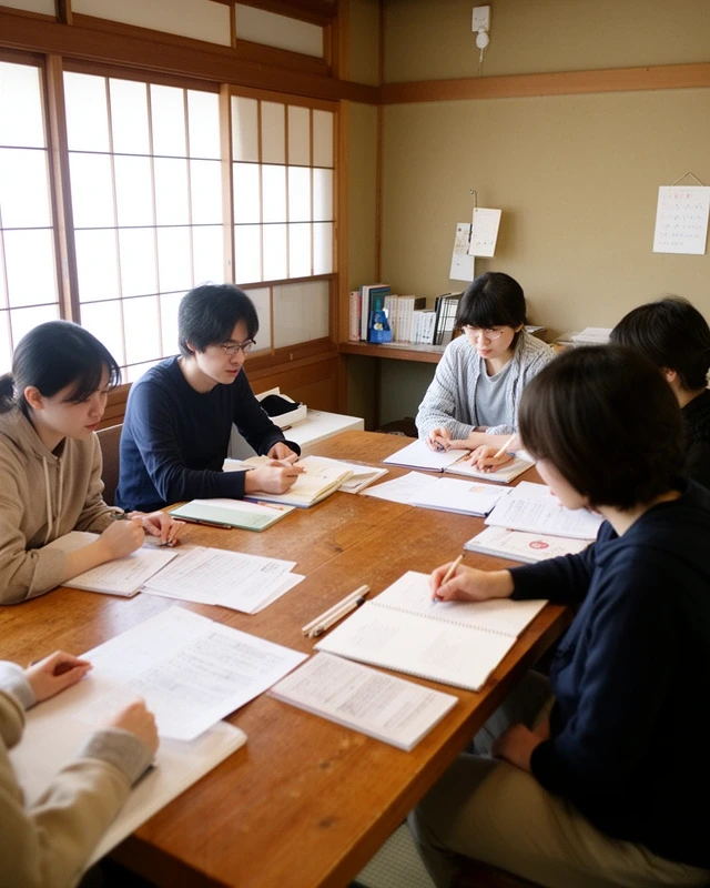 ハルカ文章塾の教室。小グループが集まって文章を議論している様子